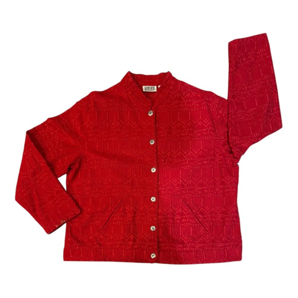 Chico's Design Sz 3 (XL) Red Embroidered 6-Button Long Sleeve Jacket w Islets - Picture 6 of 10